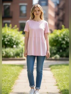J Jill Soft Pink Short-Sleeve Pima Cotton Shirttail Peplum Tunic Tee Medium